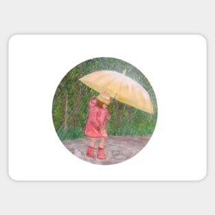Girl walking in the rain and having fun with the water puddles Sticker